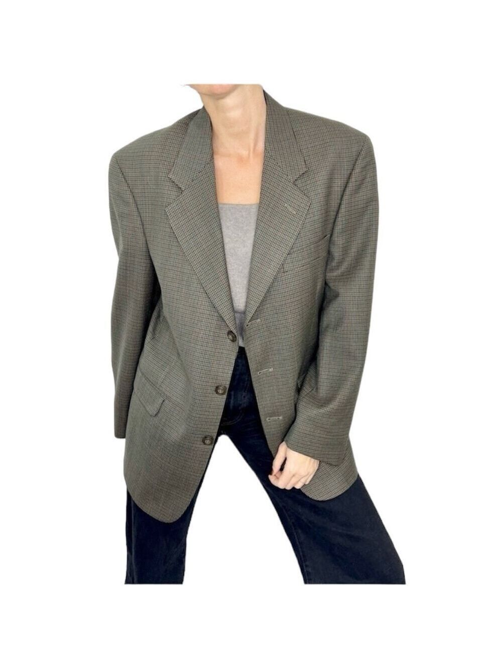 Vintage 100% wool brown check oversized blazer 40